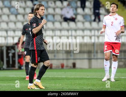 RIJEKA, KROATIEN - MÄRZ 30 2021: Luka Modric von Kroatien feiert am 30. März 2022 beim Qualifikationsspiel der FIFA-Weltmeisterschaft Katar zwischen Kroatien und Malta im HNK Rijeka-Stadion in Rijeka, Kroatien, ein Tor. Foto: Goran Kovacic/PIXSELL Stockfoto