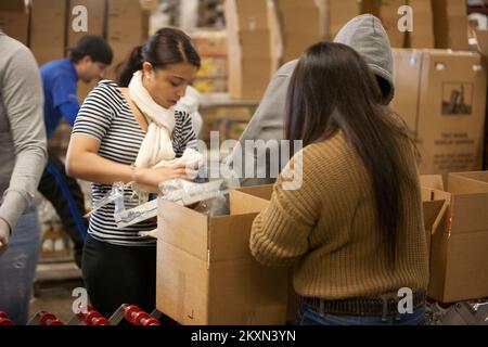 Flooding Hurricane/Tropical Storm - Hillside, N. J., 5. November 2011 Angela Estevez (in gestreiftem Hemd) und Freiwillige der Kean University helfen bei der Sortierung und Verpackung gespendeter Lebensmittel in der Community Food Bank of New Jersey. Die Food Bank ist ein staatliches Mitglied von Feeding America, einer nationalen Organisation, die Mitglied der National Voluntary Organizations Active in Disasters (VOAD) ist. Hurrikan Irene Aus New Jersey. Fotos zu Katastrophen- und Notfallmanagementprogrammen, Aktivitäten und Beamten Stockfoto