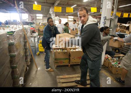 Flooding Hurricane/Tropical Storm - Hillside, N. J., 5. Nov. 2011 Freiwillige (darunter Mitarbeiter von Horizon Blue Cross Blue Shield in New Jersey und Studenten der Seton Hall University und der Kean University in New Jersey) sortieren und verpacken gessene Lebensmittel bei der Community Food Bank of New Jersey. Hurrikan Irene Aus New Jersey. Fotos zu Katastrophen- und Notfallmanagementprogrammen, Aktivitäten und Beamten Stockfoto