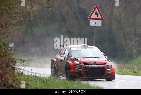 Mads Ostberg (Norwegen) und Torstein Eriksen (Norwegen) während der Schulung im Vorfeld der WRC Kroatien 2021, Laz Bistricki, Marija Bistrica (Kroatien) am 19. April; 2021. Foto: Matija Habljak/PIXELL Stockfoto