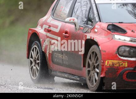 Mads Ostberg (Norwegen) und Torstein Eriksen (Norwegen) während der Schulung im Vorfeld der WRC Kroatien 2021, Laz Bistricki, Marija Bistrica (Kroatien) am 19. April; 2021. Foto: Matija Habljak/PIXELL Stockfoto