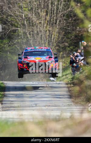 Craig Breen aus Irland und Paul Nagle aus Irland treten am 23. April 2021 an Tag 1 der FIA-Weltmeisterschaft Kroatien in Zagreb, Kroatien, mit ihrem Hyundai Shell Mobis World Rally Team Hyundai i20 Coupe WRC gegeneinander an. Luka Stanzl/PIXSELL Stockfoto