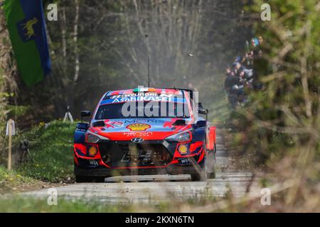 Craig Breen aus Irland und Paul Nagle aus Irland treten am 23. April 2021 an Tag 1 der FIA-Weltmeisterschaft Kroatien in Zagreb, Kroatien, mit ihrem Hyundai Shell Mobis World Rally Team Hyundai i20 Coupe WRC gegeneinander an. Luka Stanzl/PIXSELL Stockfoto