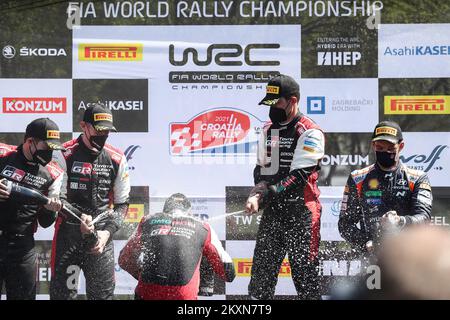 KUMROVEC, KROATIEN - APRIL 25: Elfyn Evans, Scott Martin, Sebastien Ogier, Julien Ingrassia, Thierry Neuville, Martijn Wydaeghe bei der FIA World Rally Championship Kroatien am 25. April 2021 in Zagreb, Kroatien. Foto: Luka Stanzl/Pixsell Stockfoto