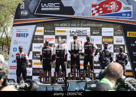 KUMROVEC, KROATIEN - APRIL 25: Elfyn Evans, Scott Martin, Sebastien Ogier, Julien Ingrassia, Thierry Neuville, Martijn Wydaeghe bei der FIA World Rally Championship Kroatien am 25. April 2021 in Zagreb, Kroatien. Foto: Luka Stanzl/Pixsell Stockfoto