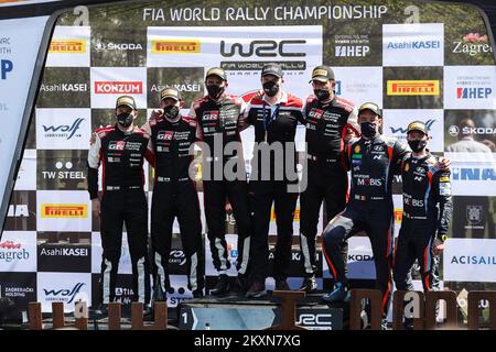 KUMROVEC, KROATIEN - APRIL 25: Elfyn Evans, Scott Martin, Sebastien Ogier, Julien Ingrassia, Thierry Neuville, Martijn Wydaeghe bei der FIA World Rally Championship Kroatien am 25. April 2021 in Zagreb, Kroatien. Foto: Luka Stanzl/Pixsell Stockfoto