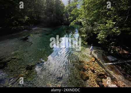 Draufsicht auf Knabenstand im smaragdgrünen Wasser der Sava Bohinjka in den Julianischen Alpen, Ukanc, Slowenien. Stockfoto