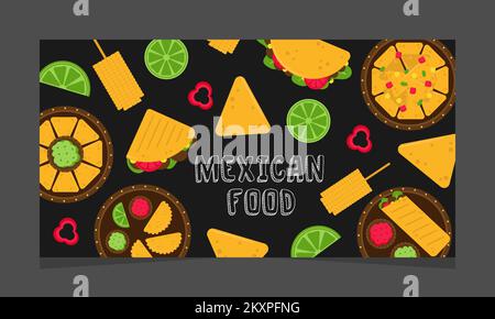 Mexikanisches Speiseangebot, Webseite. Landing-Banner mit Promotion, Vektordarstellung. Nationale Gerichte auf schwarzem Hintergrund Stock Vektor