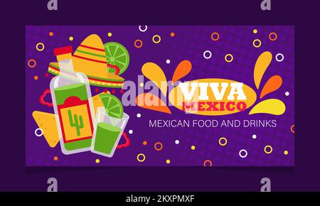 Poster „Viva mexico“ mit Tequila-Illustration. Vector-Werbebanner mit mexikanischen Getränken und Speisen. Stock Vektor