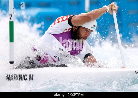 Matija Marinic von Kroatien in Aktion bei den Olympischen Spielen 2020 Canoe Slalom Men's C1 Semifinal am Kasai Canoe Slalom Centre in Tokio, Japan, am 26. Juli 2021. Foto: Igor Kralj/PIXSELL Stockfoto