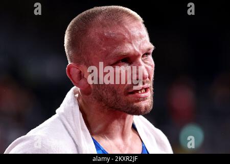 TOKIO, JAPAN – AUGUST 02: Bozo Starcevic von Team Croatia tritt mit AIK Mnatsakaian aus Bulgarien am 10. August der Olympischen Spiele 2020 in Tokio im Olympiastadion am 02 2021. August in Japan an den acht Finalen des Wrestling an. Foto : Igor Kralj/PIXSELL Stockfoto