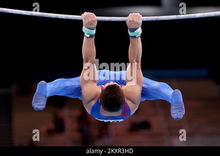 TOKIO, JAPAN – AUGUST 03: Tin Srbic von Team Croatia tritt am 11. Tag der Olympischen Spiele 2020 in Tokio am 03. August 2021 im Ariake Gymnastics Centre in Tokio, Japan, beim horizontalen Barfinale für Männer an. Foto: Igor Kralj/PIXSELL Stockfoto