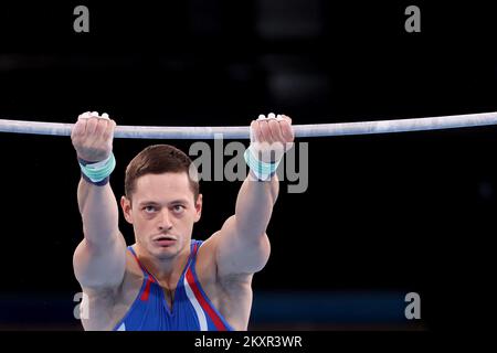 TOKIO, JAPAN – AUGUST 03: Tin Srbic von Team Croatia tritt am 11. Tag der Olympischen Spiele 2020 in Tokio am 03. August 2021 im Ariake Gymnastics Centre in Tokio, Japan, beim horizontalen Barfinale für Männer an. Foto: Igor Kralj/PIXSELL Stockfoto
