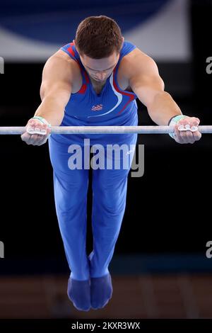 TOKIO, JAPAN – AUGUST 03: Tin Srbic von Team Croatia tritt am 11. Tag der Olympischen Spiele 2020 in Tokio am 03. August 2021 im Ariake Gymnastics Centre in Tokio, Japan, beim horizontalen Barfinale für Männer an. Foto: Igor Kralj/PIXSELL Stockfoto