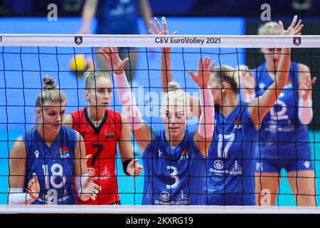 ZADAR, KROATIEN - AUGUST 23: Nadzeya Stoliar von Belarus während des CEV EuroVolley 2021 Pool C Spiels zwischen der Schweiz und Belarus in der Kresimir Cosic Hall im Visnjik Sports Center am 23. August 2021 in Zadar, Kroatien. Foto: Luka Stanzl/PIXSELL Stockfoto
