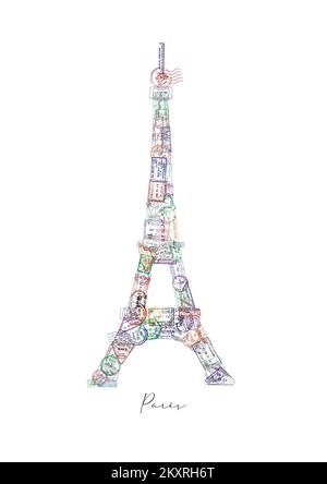 Der Eiffelturm besteht aus einem Reisepass, der verschiedene Länder mit einem Pariser Poster besticht Stockfoto