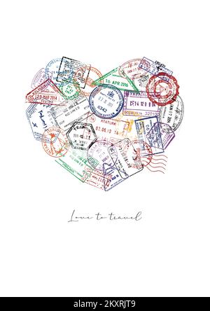 Herz aus einem Reisepass, Briefmarken aus verschiedenen Ländern mit Schriftzug Liebe zum Reisen Poster Stockfoto