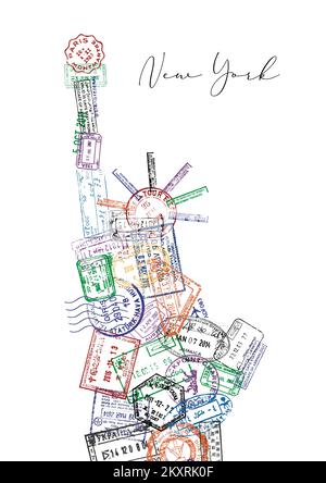 Die Freiheitsstatue besteht aus einem Reisepass, der verschiedene Länder mit einem New Yorker Poster stempelt Stockfoto