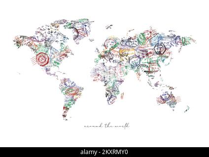 Eine Reise-Weltkarte aus einem Reisepass, der verschiedene Länder mit Schriftzeichen rund um die Welt abstempelt Stockfoto