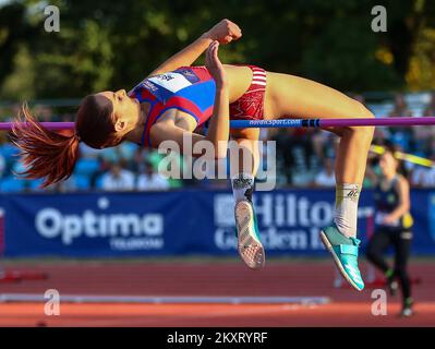 ZAGREB, KROATIEN - SEPTEMBER 14: Sara Ascic von Kroatien tritt bei der IAAF World Challenge Zagreb 2021 - 71. Boris Hanzekovic Memorial im Universitätspark am 14. September 2021 in Zagreb, Kroatien, in der High-Jump-Kategorie an. Foto: Matija Habljak/PIXSELL Stockfoto