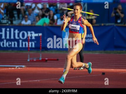 ZAGREB, KROATIEN - SEPTEMBER 14: Sara Ascic von Kroatien tritt bei der IAAF World Challenge Zagreb 2021 - 71. Boris Hanzekovic Memorial im Universitätspark am 14. September 2021 in Zagreb, Kroatien, in der High-Jump-Kategorie an. Foto: Matija Habljak/PIXSELL Stockfoto