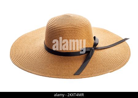 Damen Sommerhut mit gelbem Strohhalm und schwarzem Band auf weißem Hintergrund Stockfoto