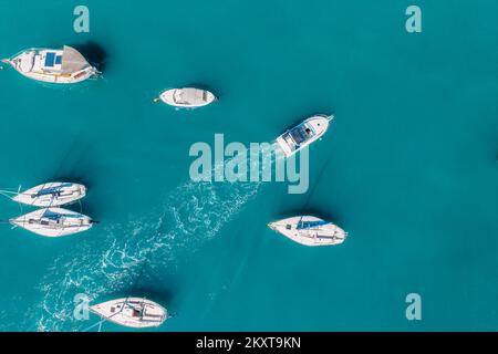 Draufsicht von einer Drohne aus Segelbooten und verschiedenen Schnellbooten Stockfoto