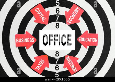 Geschäfts- und Finanzkonzept. Auf der Zielscheibe zeigen Pfeile mit Geschäftsbuchstaben in die Mitte auf einer Visitenkarte mit der Aufschrift „OFFICE“ Stockfoto