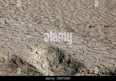 Der Niedrigwasserstand des Peruca-Sees enthüllte Überreste des Lebens entlang des Flusses Cetina. Ungewöhnliche Szenen und Bilder des Peruca-Sees, die nach der Verringerung des Wasserstands im angesammelten See entstanden sind. lakeÂ Peruca ist der zweite künstliche lakeÂ inÂ Kroatien, der afterÂ largestÂ Dubrava. Es befindet sich im Bezirk theÂ Split-Dalmatia. Der See wird byÂ waterâ am 14. Oktober 2021 aus dem Fluss Cetina in Peruca (Kroatien) gespeist. Foto: Dusko Jaramaz/PIXSELL Stockfoto