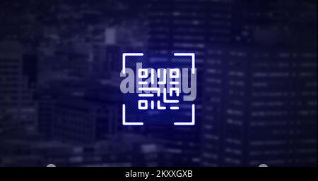 QR-Code-Scanner mit Neonelementen gegen hohe Gebäude Stockfoto