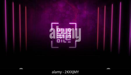 QR-Code-Scanner mit Neon-Elementen vor verzweifelten Hintergrund Stockfoto