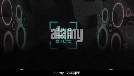 QR-Code-Scanner mit Neon-Elementen vor schwarzem Hintergrund Stockfoto