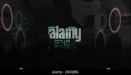 QR-Code-Scanner mit Neon-Elementen vor schwarzem Hintergrund Stockfoto