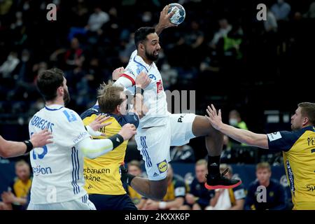 Melvyn Richardson von Frankreich in Aktion beim Halbfinale der Herren EHF EURO 2022 zwischen Frankreich und Schweden auf der MVM Dome am 28. Januar 2022 in Budapest, Ungarn. Foto: Sanjin Strukic/PIXSELL Stockfoto