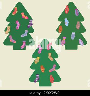 Weihnachtsbaum dekoriert mit bunten Socken und Fäustlingen. Stock Vektor