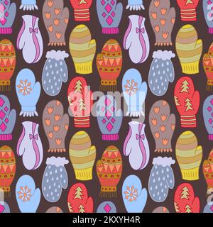 Winterhandschuhe und -Handschuhe mit nahtlosem Muster mit unterschiedlicher Struktur und Farbe. Stock Vektor