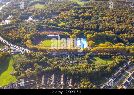 Luftblick, Außenpool Gladbeck, Stadion Gladbeck - Vestische Kampfbahn, Zuteilungsgärten KGV am Stadion e.V., Freifläche am H. Stockfoto