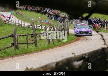 ZAGREB, KROATIEN - APRIL 23: Craig Breen von Irland und Paul Nagle von Irland treten am 22. April 2022 in Zagreb, Kroatien, an Tag 3 der FIA-Weltmeisterschaft Kroatien mit ihrem M-Sport Ford WRT Ford Puma Rally1 gegeneinander an. Foto: Luka Stanzl/PIXSELL Stockfoto