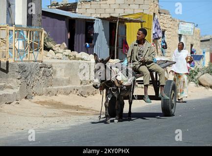 Eselswagen in einem Dorf in den Eritrea Highlands Stockfoto