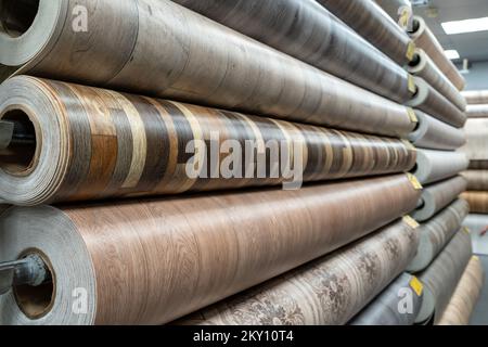 Rollen mit neuem Linoleum am Fenster eines Eisenwarenladens. Eine große Auswahl an Linoleum Stockfoto