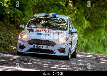 Mille Johansson und Julia Thulin aus Schweden bei der Ford Fiesta Rally4 während des letzten Tages des internationalen Wettbewerbs Zagreb Open INA Delta Rally organisiert vom Zagreb Auto Club 'Delta' in Okic, Kroatien am 26. Juni 2022. Foto: Igor Kralj/PIXSELL Stockfoto