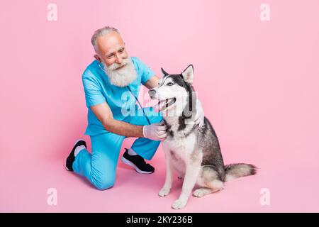 Gesamtbild eines optimistischen guten Spezialisten gekleidete blaue Uniform. Untersuchen Sie das Husky Stethoskop auf pinkfarbenem Hintergrund Stockfoto