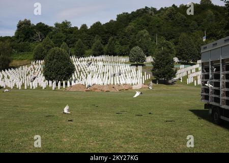 Im Rahmen des Gedenkens an den 27.. Jahrestag des Völkermordes, der im Juli 1995 in Srebrenica begann, wurden am 10 2022. Juli auf dem Friedhof des Srebrenica Memorial Center - Potocari Friedenstauben in Potocari, Bosnien und Herzegowina, in die Luft entlassen. Foto: Armin Durgut/PIXSELL Stockfoto