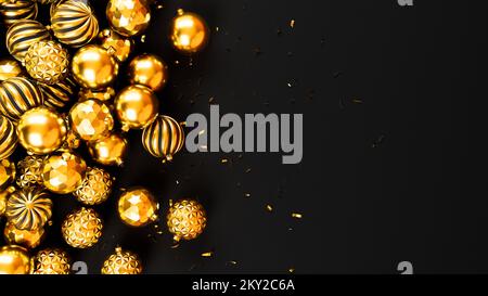 Frohe Silvesterkugeln mit Glitzer und Weihnachtsdekoration. Realistische 3D-Darstellung goldener Kugeln auf schwarzem Hintergrund Stockfoto