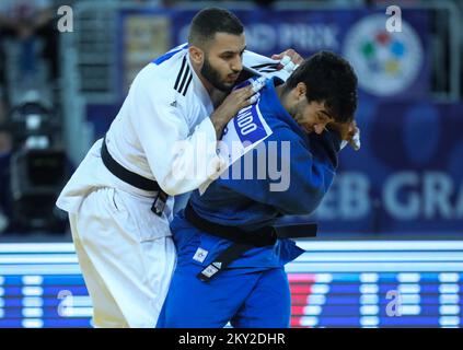 Joao Fernando von Portugal in einem Kampf gegen Achraf Moutii von Marokko in der Kategorie der Männer bis 81kg während der IJF World Tour Zagreb Grand Prix, die am 16. Juli 2022 in der Zagreb Arena in Zagreb, Kroatien, stattfindet. Foto: Zeljko Hladika/PIXSELL Stockfoto