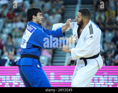 Joao Fernando von Portugal in einem Kampf gegen Achraf Moutii von Marokko in der Kategorie der Männer bis 81kg während der IJF World Tour Zagreb Grand Prix, die am 16. Juli 2022 in der Zagreb Arena in Zagreb, Kroatien, stattfindet. Foto: Zeljko Hladika/PIXSELL Stockfoto