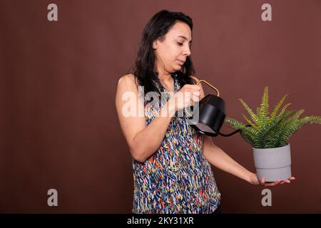 Eine Indianerin, die Farn im Topf trinkt, Blattwerk anbaut, Zimmerpflanzen pflegt. Lady Hold Dose und exotischer Indoor Blütentopf, Person, die tropische grüne Blätter sieht, Hobby Lebensstil Stockfoto