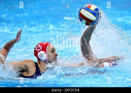 SPLIT, KROATIEN - 30. AUGUST: Torhüterin von Rumänien Mariia Dvorzhetska im Einsatz während des len European Championship Split 2022 Wasserpolo-Spiels der Frauen zwischen Kroatien und Rumänien in der Spaladium Arena am 30. August 2022 in Split, Kroatien. Foto: Marko Lukunic/PIXSELL Stockfoto