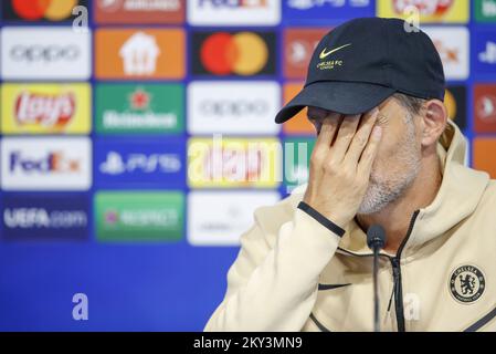 Thomas Tuchel spricht im Vorfeld des UEFA Champions League-Spiel der Gruppe E gegen Dinamo Zagreb im Maksimir-Stadion am 05. September 2022 in Zagreb, Kroatien, mit den Medien. Foto: Slavko Midzor/PIXSELL Stockfoto