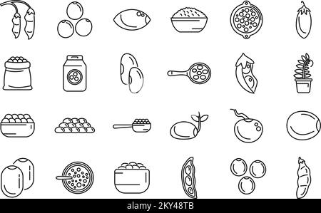 Linsensymbole legen den Konturvektor fest. Bohnenbrot. Getreideblätter Stock Vektor